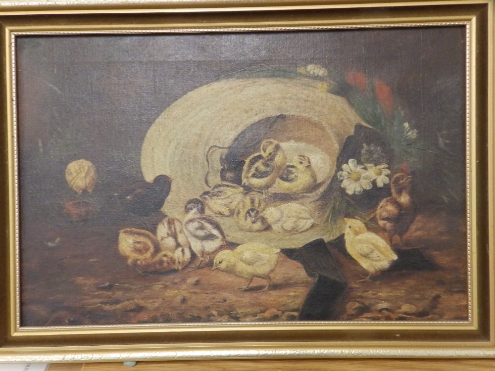 Late 19th/early 20thC School - oil on canvas - Chicks in a straw bonnet, 11.5" x 17.5"