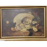Late 19th/early 20thC School - oil on canvas - Chicks in a straw bonnet, 11.5" x 17.5"