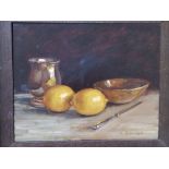 R. Boyer - oil on board - Still life with lemons, 8" x 10".