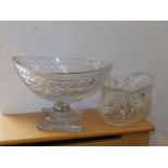 A canoe shaped cut glass pedestal bowl, 12" across and one other. (2)