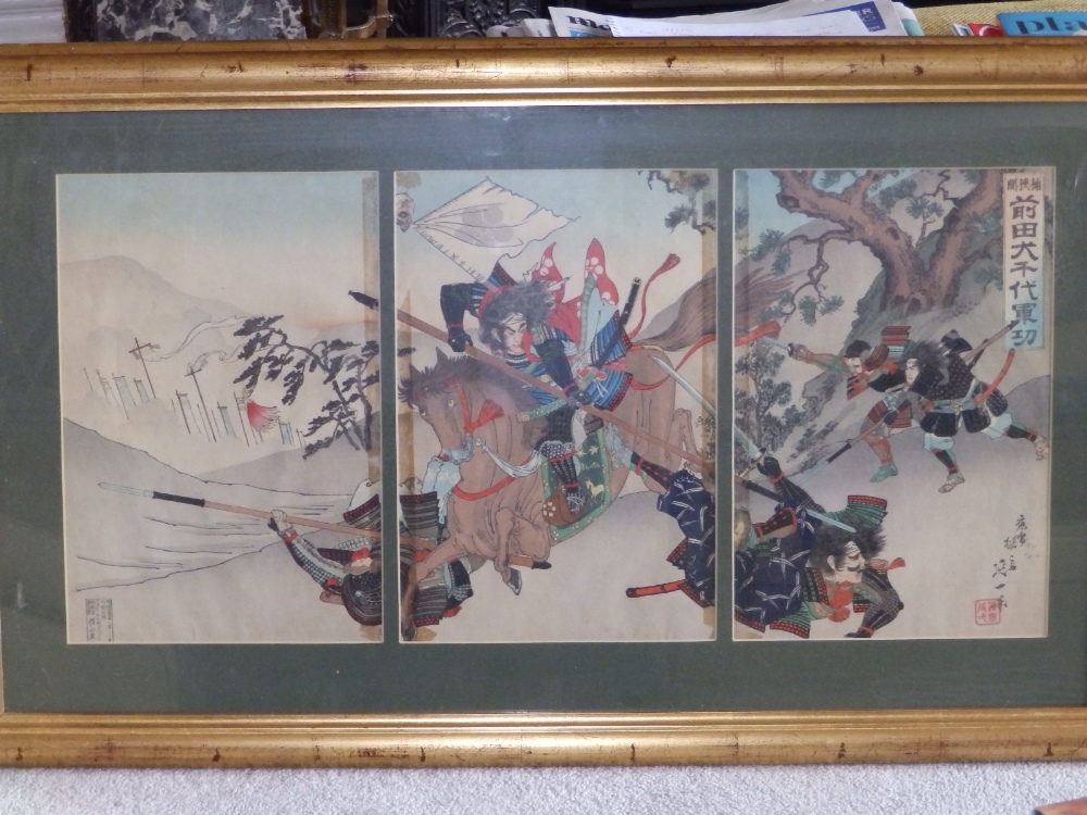 A pair of signed Japanese woodblock colour 'triptych' panel prints, depicting a battle scene and a - Image 2 of 8