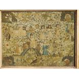 A 17thC Welsh embroidered silk panel worked by Bridget Pryce of Montgomeryshire, depicting the