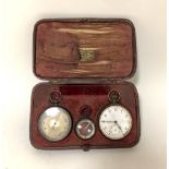 A Watson & Sons leather cased three piece set of fob watch with compass and barometer - watch a/f.