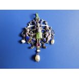 An Austro-Hungarian enamelled Renaissance Revival pendant with three baroque pearl swings, 2.25"
