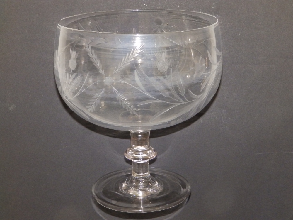 A Victorian cut glass pedestal punch bowl - 'HAH Jan 23, 1846, 10.5" high - internal scratches. - Image 2 of 4