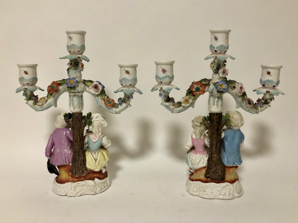 A pair of late 19thC Meissen style porcelain twin branch figural candelabra, underglaze blue scissor - Image 3 of 3