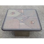 A Paul Kingma low occasional pedestal table, the low square top in decorated slate, 26" wide.