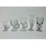 Two Georgian glass rummers and three other drinking glasses. (5)