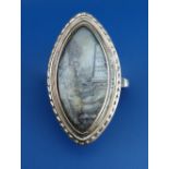 A late 18thC mourning ring of navette shape, painted with a graveyard scene 'Sacred to