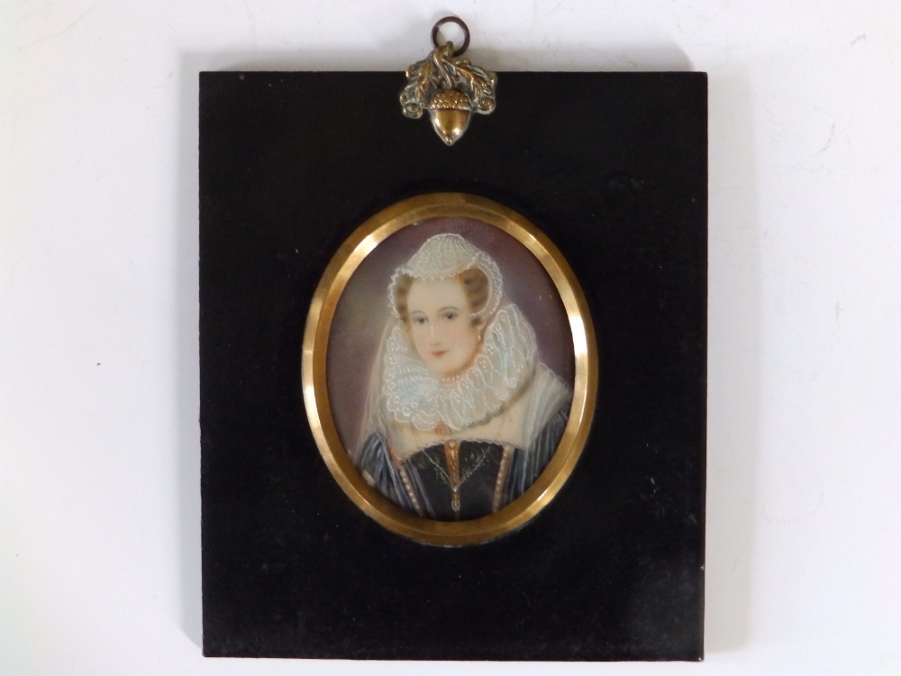 After Henry Bone - oval watercolour miniature - Portrait of Mary Stuart, signed 'H. Bone', 3" high. - Image 2 of 4