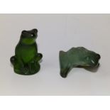 Two small Lalique green glass frogs, 2.5" across and 2" high.
