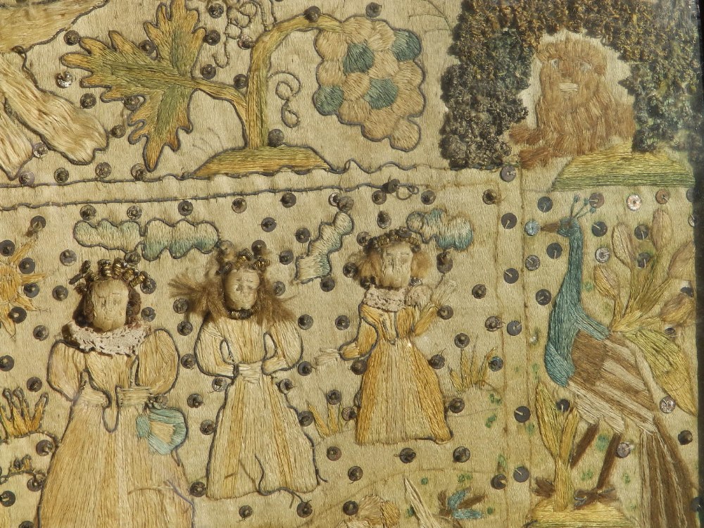 A 17thC Welsh embroidered silk panel worked by Bridget Pryce of Montgomeryshire, depicting the - Image 2 of 7
