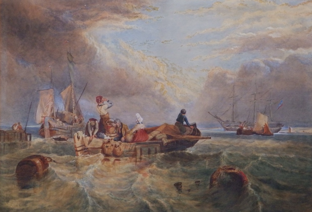 19thC School - watercolour - Weary figures in a rowing boat leaving harbour to greet a distant