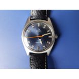 A gent's stainless steel Omega Geneve Automatic wrist watch with blue dial, baton numerals and red
