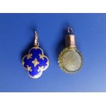 A small blue enamelled quatrefoil memorial pendant and a scent bottle pendant, each approximately