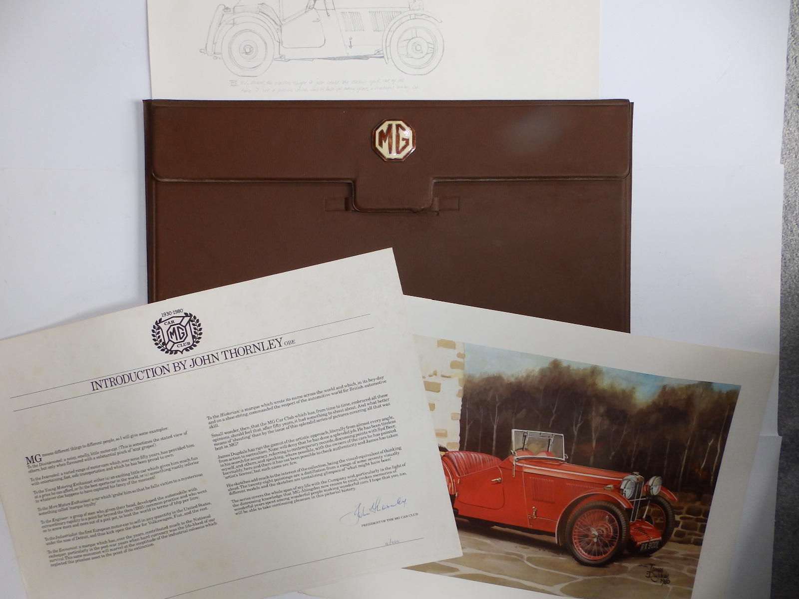 MG Car Club 1930-1980; 29 colour prints of MG cars by James Dugdale, each with its specification