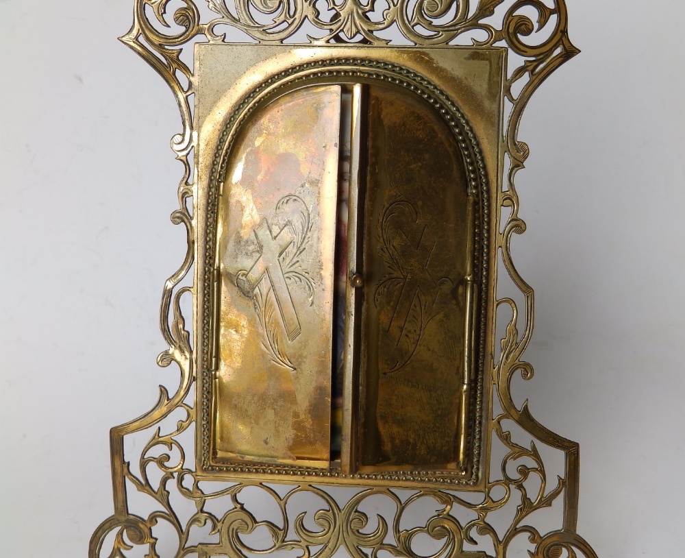 A late 19thC Italian gilt brass framed devotional porcelain panel, two hinged doors revealing an - Image 3 of 4