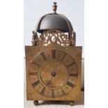 A mid 18thC brass lantern clock by George Clarke of Whitechapel, striking on a bell, with weight and