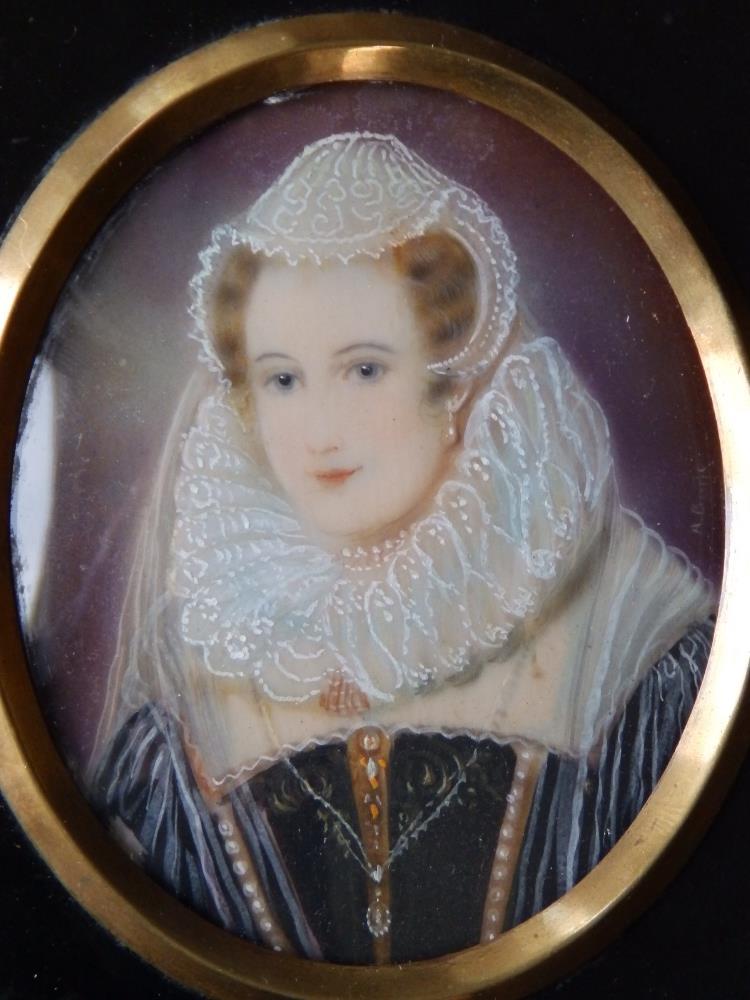 After Henry Bone - oval watercolour miniature - Portrait of Mary Stuart, signed 'H. Bone', 3" high.