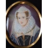 After Henry Bone - oval watercolour miniature - Portrait of Mary Stuart, signed 'H. Bone', 3" high.