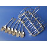 A Victorian silver six-division toast rack - Sheffield 1848 and a set of six silver coffee
