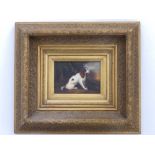 A reproduction oil on panel - Seated spaniel in landscape, 4.5" x 6.5".