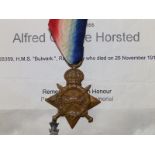 A WWI 1914-15 Royal Navy Star awarded to Boy 1st Class J28359 Alfred George Horsted, HMS Bulwark,
