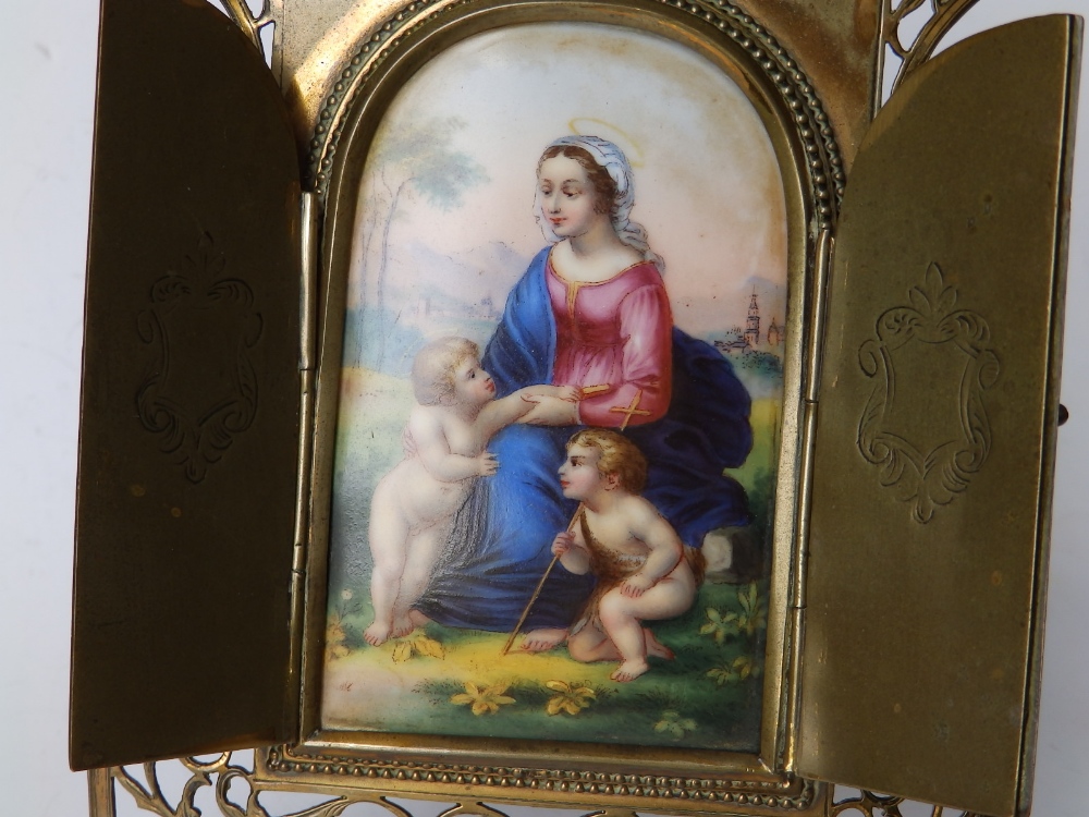 A late 19thC Italian gilt brass framed devotional porcelain panel, two hinged doors revealing an - Image 2 of 4