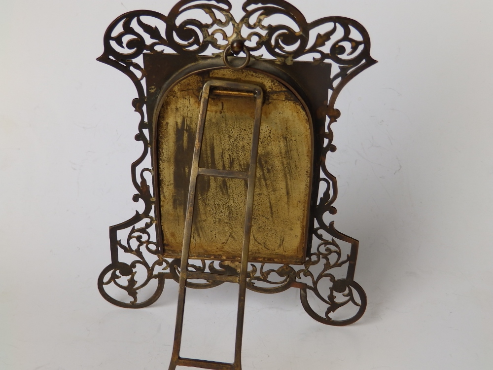 A late 19thC Italian gilt brass framed devotional porcelain panel, two hinged doors revealing an - Image 4 of 4