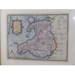 An antiquarian coloured map of Wales, 14" x 19.5".