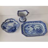 A small 19thC Chinese porcelain blue & white canted rectangular serving dish decorated with a