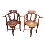 A pair of 19thC Chinese mother-of-pearl inlaid rosewood corner armchairs, the horseshoe backs with