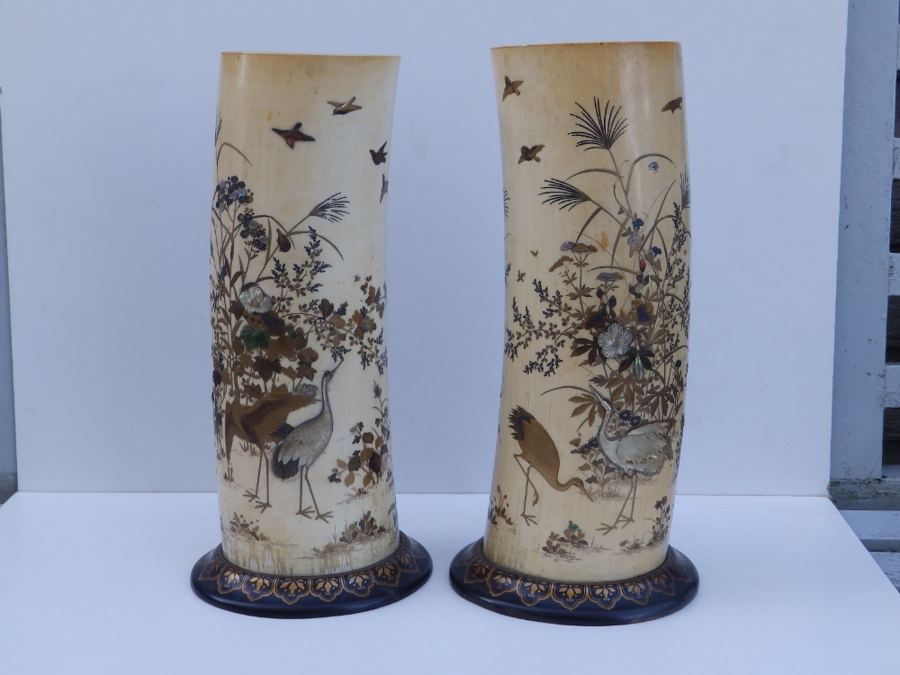 A pair of Japanese Meiji period shibayama inlaid ivory tusk vases, the sides decorated to show - Image 2 of 9