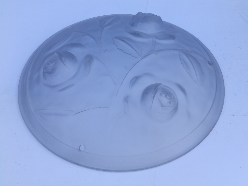 An Arts & Crafts satin glass plafonnier decorated with raised stylised roses, 13.5" diameter. - Image 2 of 3