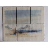 After John Shooten - a modern six tile panel printed in colours to show a harbour scene with sailing
