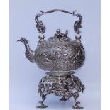 A Regency silver tea kettle on stand by Edward Farrell, the spherical sides decorated in high relief