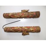 A pair of 19thC Southeast Asian carved wood ceremonial sconces/finials, of tapering cylinder form
