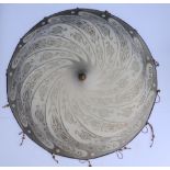 A Fortuny silk C.L. shade, having silver accents on a cream ground, 30" diameter.