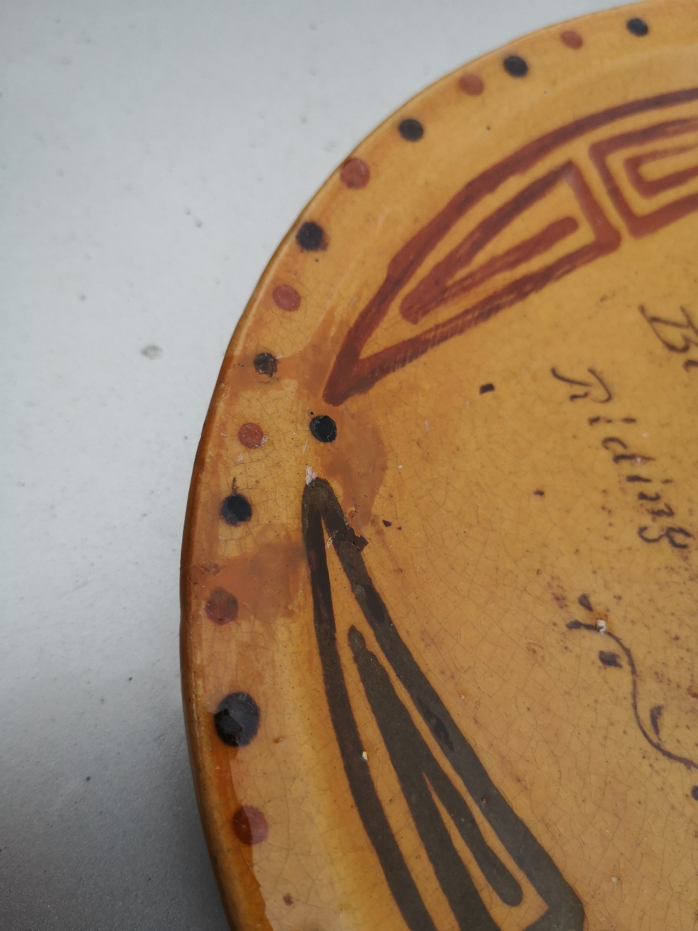 A circular motto ware dish - Whizzing o'er the mountains….riding on the rail' - large re-stuck - Image 3 of 3