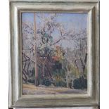 Josephine Mason - oil on board - 'The Orchard', 15.5" x 12.5" - a painting of a garden to verso.