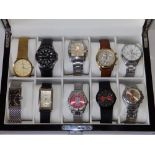 A collection of 10 gent's quartz movement wrist watches in a glazed display case; Accurist,