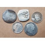 A 17thC Spanish Colonial American cob coin and four other silver coins. (5)