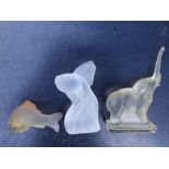 An Etling satin glass model of a fantail goldfish, 4.75" high, an elephant and a carp - the carp