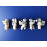 Five small Japanese Meiji period ivory figures depicting boys playing musical instruments, 1.2"