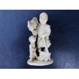 A signed Japanese Meiji period ivory okimono group depicting a farmer holding a rooster and a scythe
