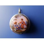 A circular white metal silver pendant vinaigrette, painted overall in enamel to depict a young