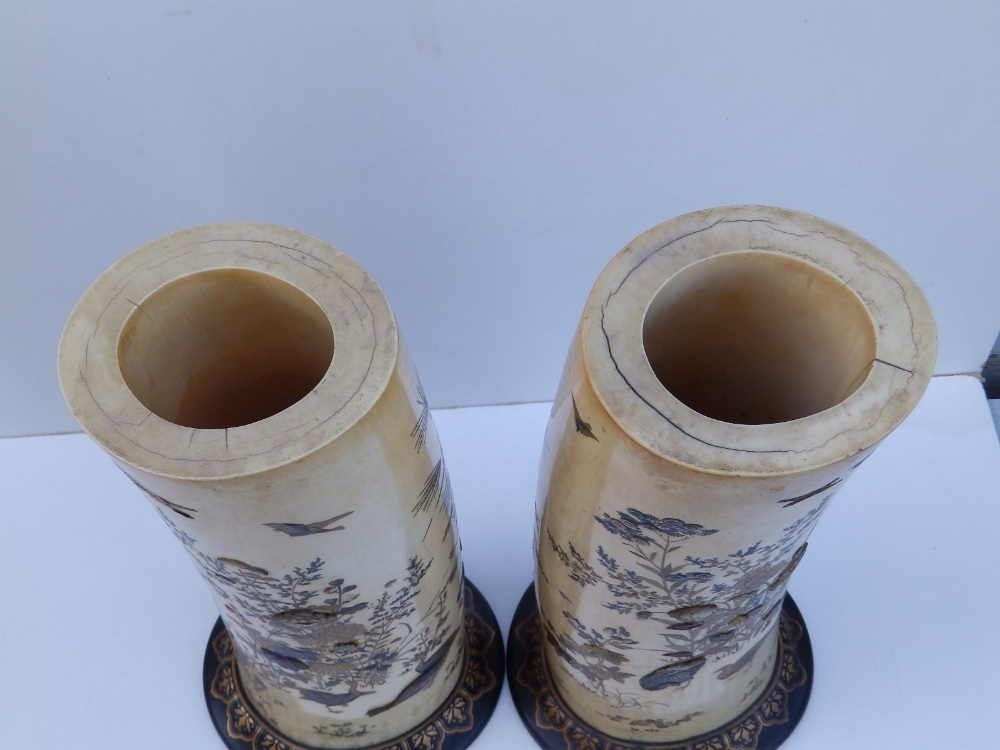 A pair of Japanese Meiji period shibayama inlaid ivory tusk vases, the sides decorated to show - Image 3 of 9