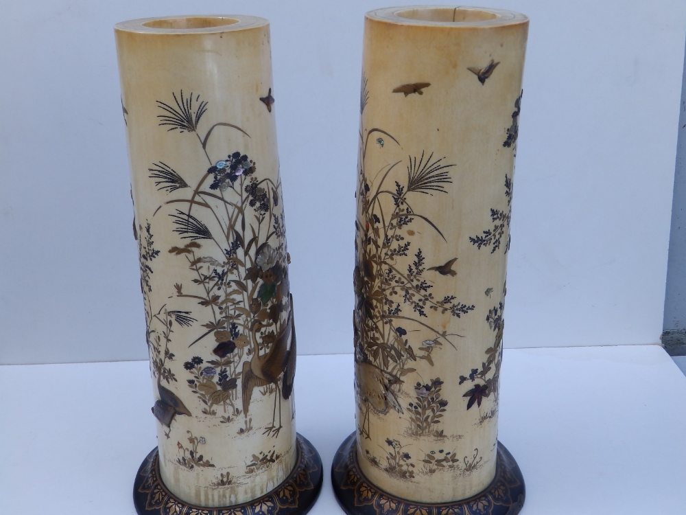 A pair of Japanese Meiji period shibayama inlaid ivory tusk vases, the sides decorated to show - Image 8 of 9