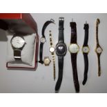 A gent's stainless steel Thalis Incabloc wrist watch, two others and five ladies' wrist watches -