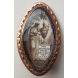 A late 18thC miniature painted gold mourning brooch, the navette panel painted in sepia to depict